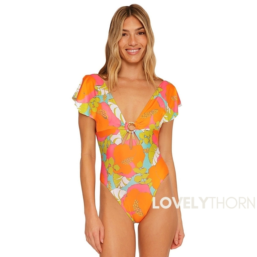TRINA TURK // ltd ed playa de flor flutter sleeve cut-out 1 piece swim/bodysuit - Picture 3 of 12